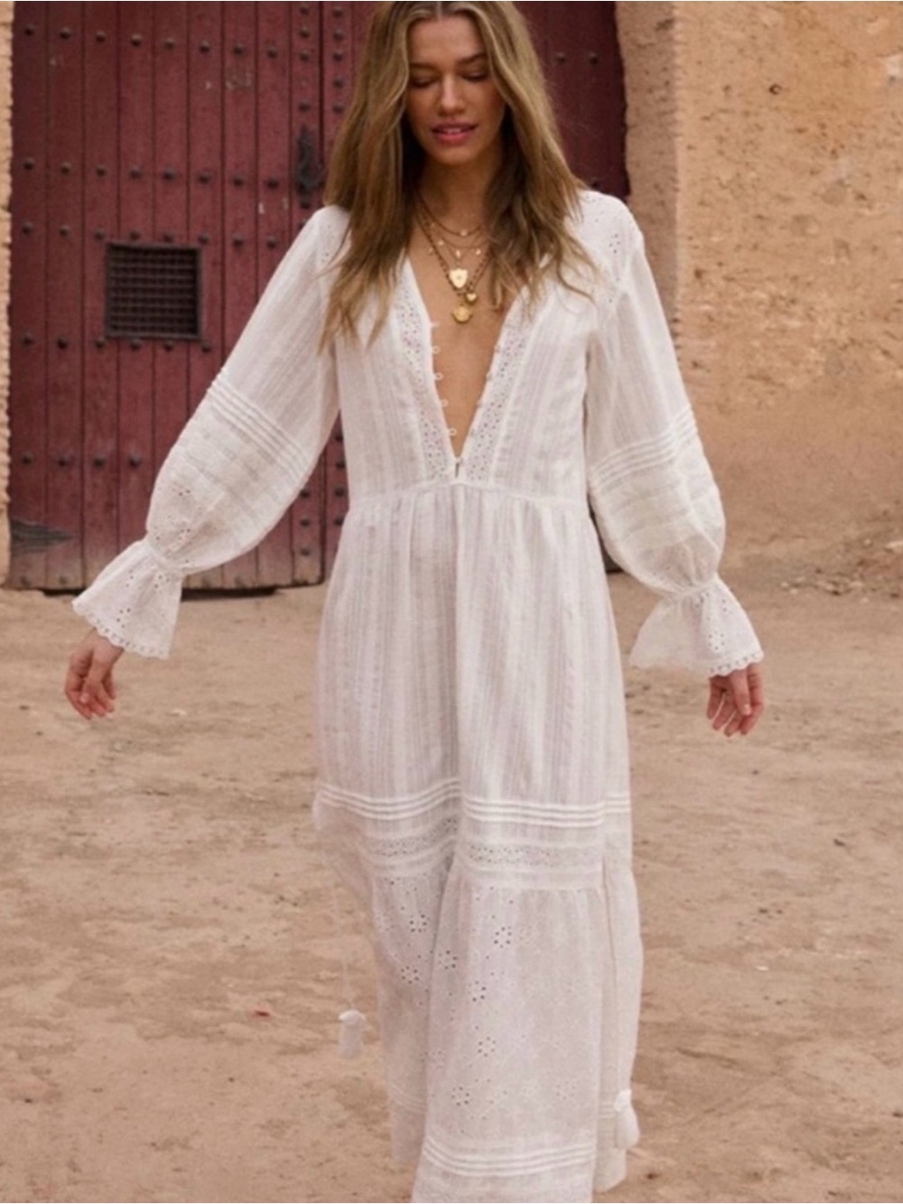 Spell whimsy garden lace gown White Eyelet Boho Maxi Dress - V-Neck, Long Sleeve